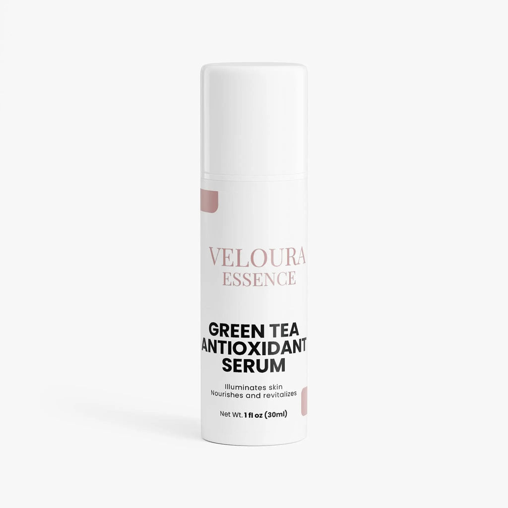 Veloura Essence Green Tea Antioxidant Serum bottle on a white background