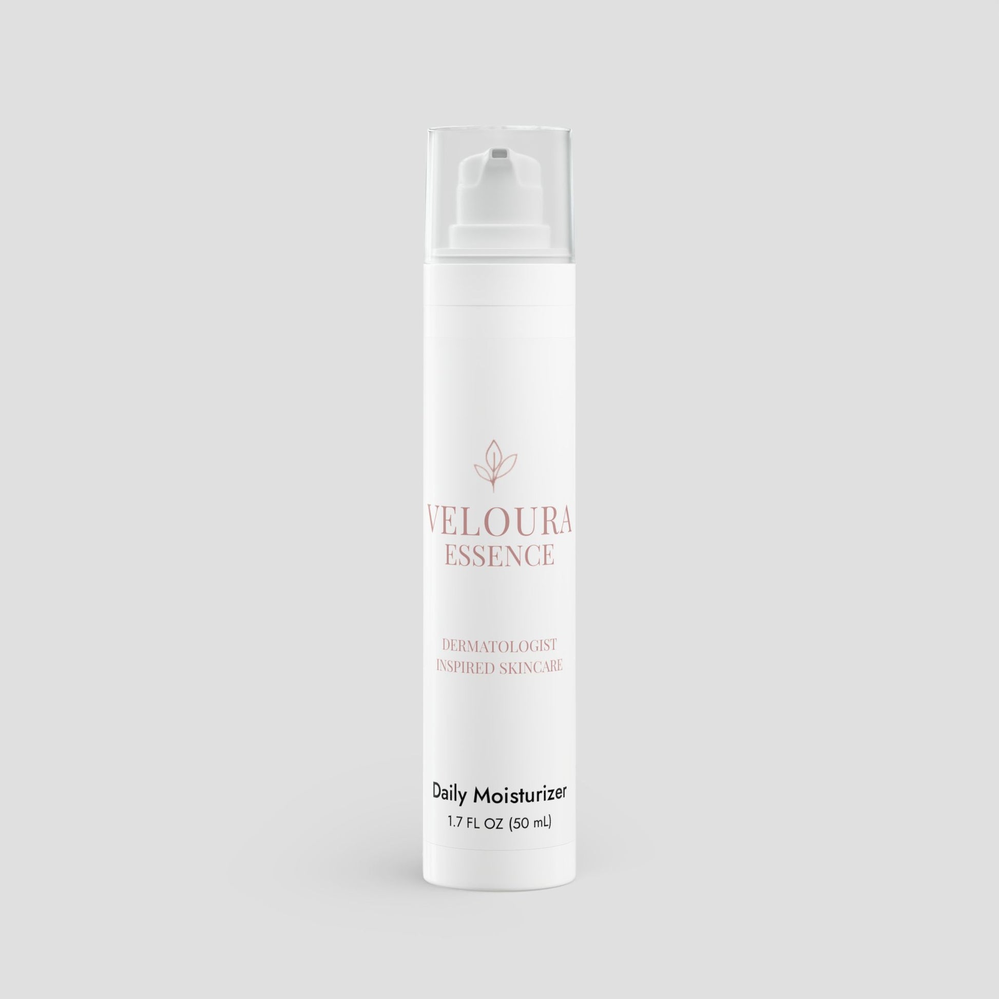 Veloura Essence daily moisturizer bottle on a light gray background