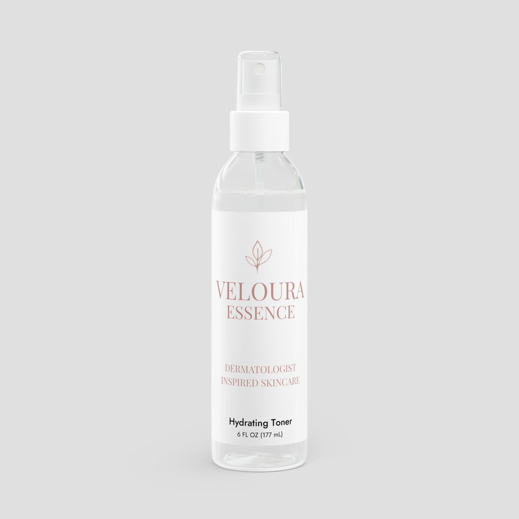 Veloura Essence hydrating toner bottle on a light gray background