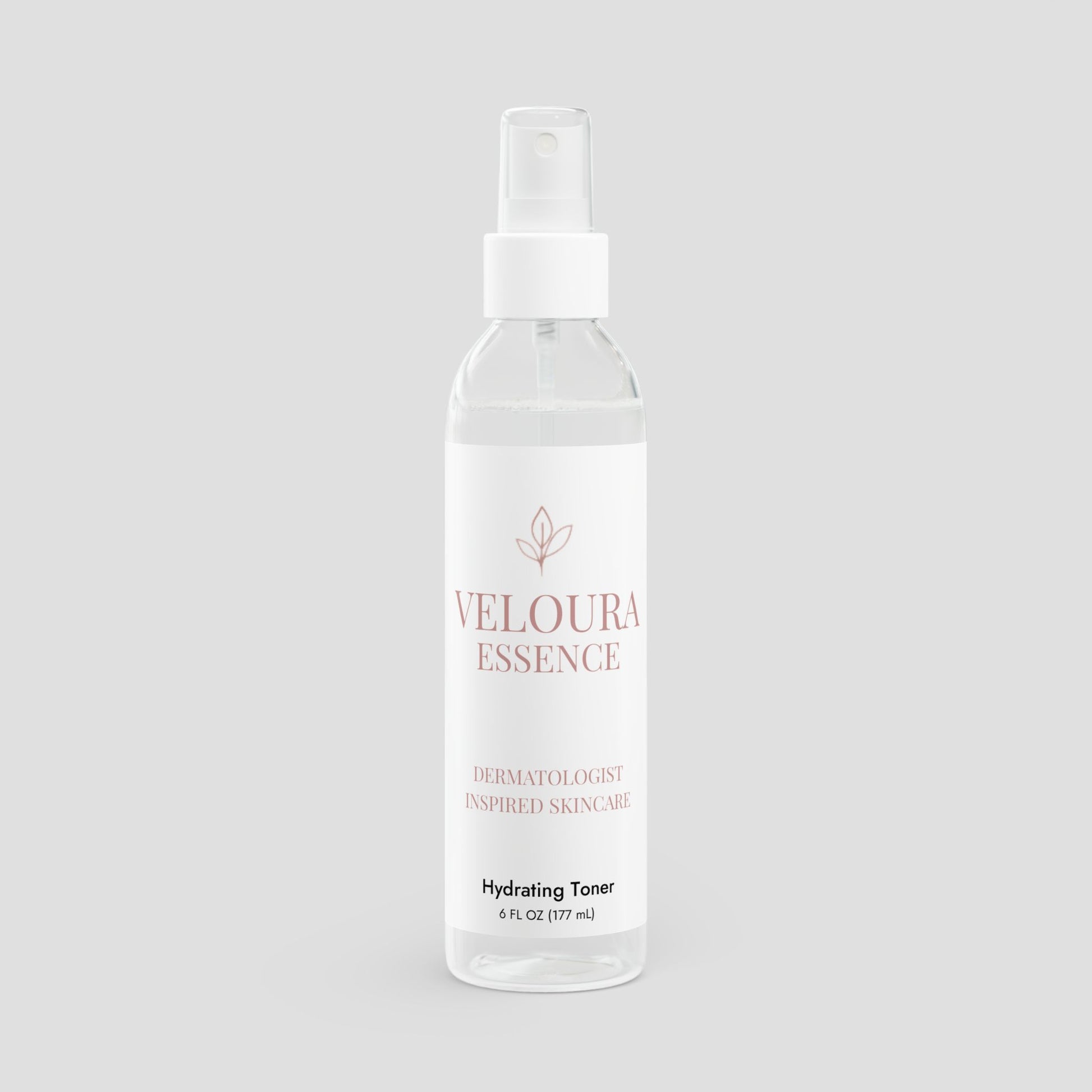 Veloura Essence hydrating toner bottle on a light gray background